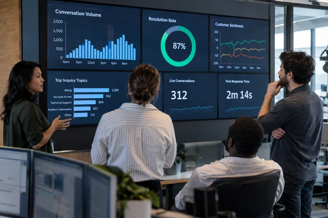 A support operations wall display with clear abstract service metrics.