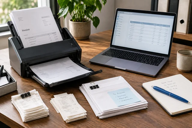 A scanner feeding ordinary invoice pages beside a laptop displaying an abstract extracted table.