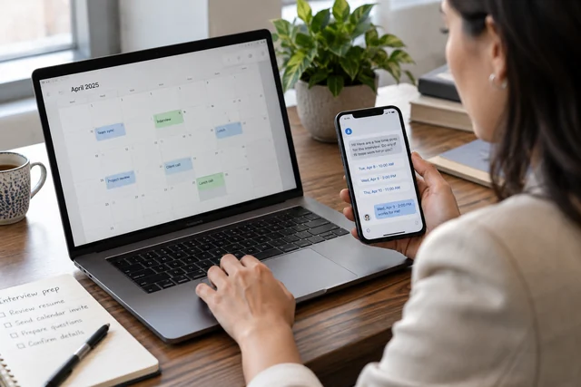 Close-up of a laptop calendar beside a phone showing an abstract chat with scheduling time slots.