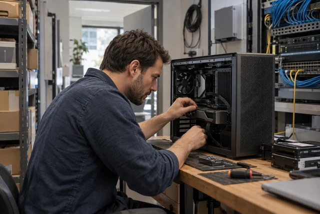 An IT engineer configuring a compact local GPU workstation in a small office equipment room.