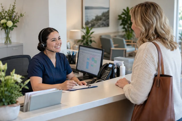 A small clinic reception desk with a realistic desk phone.