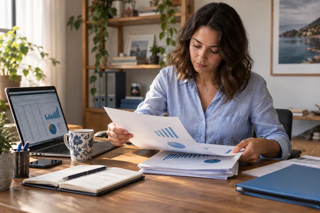 A sales operations professional organizing printed reports beside a laptop with a spreadsheet and monthly summary charts.