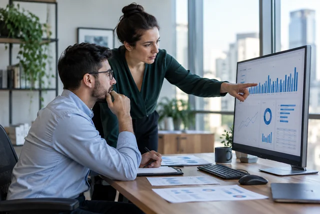 Analysts examine charts and supporting evidence together.