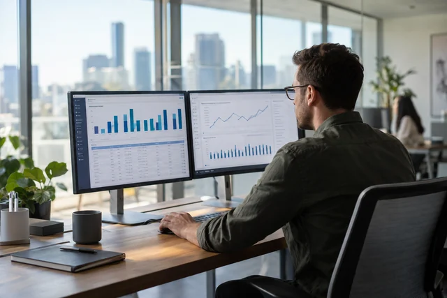A data analyst seated at a dual-screen workstation showing a clean mix of bar charts.