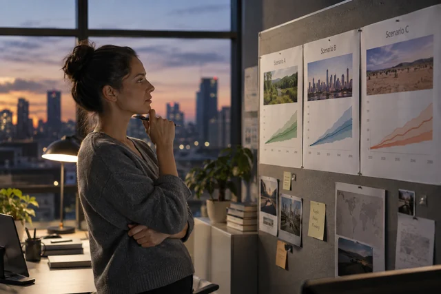 A forecasting researcher in a quiet office comparing three future scenario charts pinned on a board.