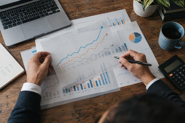 Overhead business forecasting desk with three transparent sheets of different projected line paths layered over historical charts.