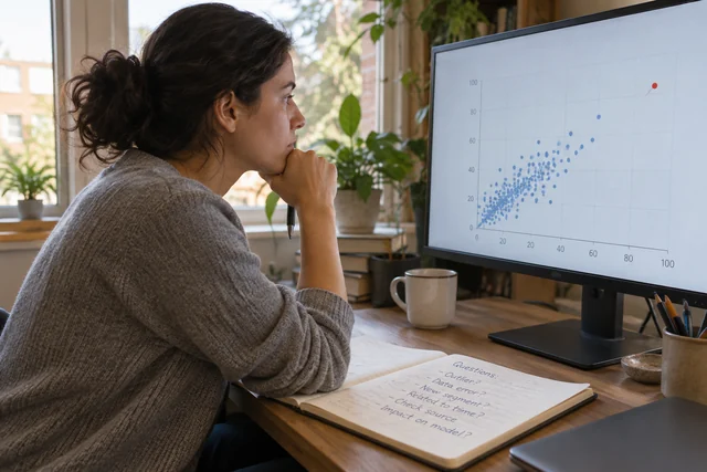 A researcher carefully inspecting an outlier on an enlarged scatter chart beside a notebook of questions.