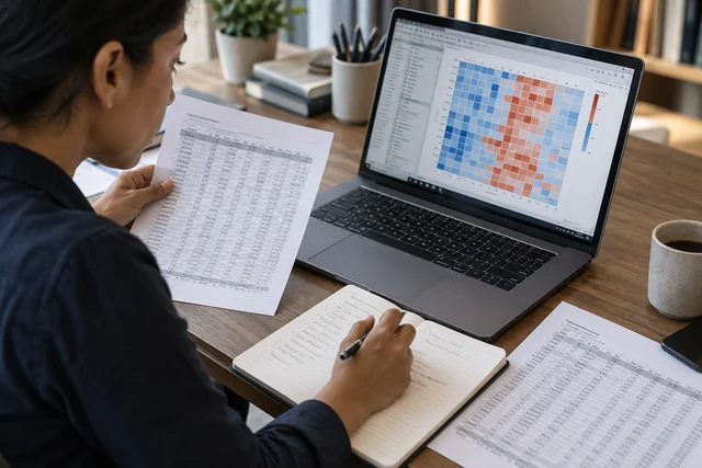 Close-up of an analyst comparing a patterned data heatmap with source-record printouts and making careful notes.