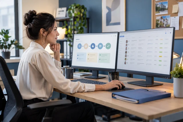 An HR professional reviews a connected operational workflow.