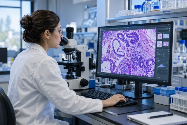 A researcher studies tissue imagery beside a microscope.