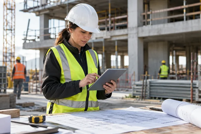 A civil engineer compares digital plans with drawings at a construction site.
