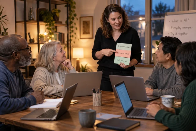 Adult beginners in a small evening learning group practicing with laptops while a patient instructor explains simple AI concepts using everyday task cards.