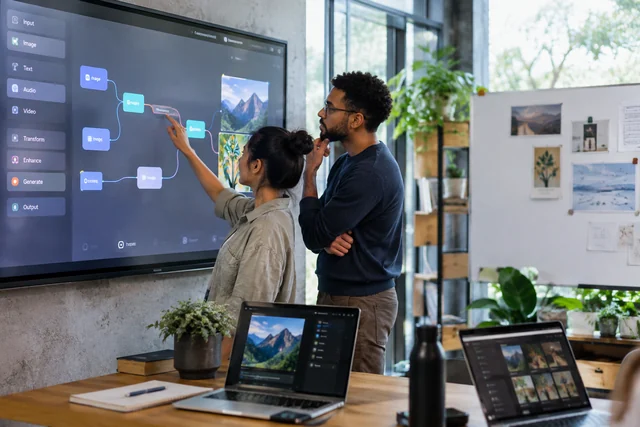 An advanced hands-on generative AI lab with two learners connecting workflow steps on a large touchscreen and testing their prototype on laptops.