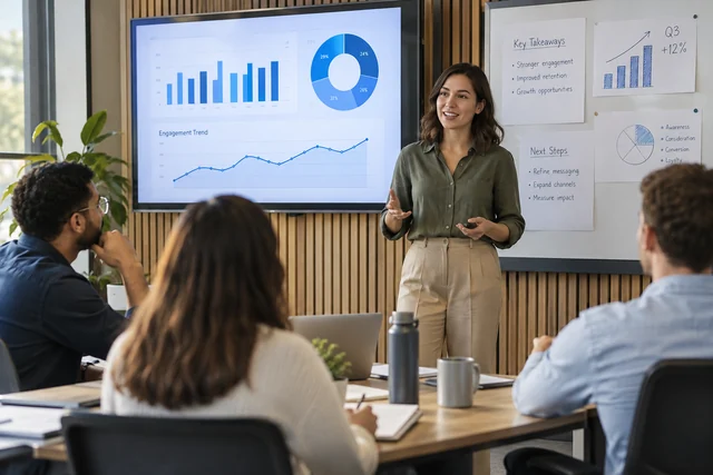 A learner rehearsing a short presentation beside a display of a clear business dashboard and annotated chart printouts.