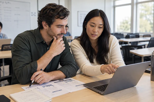 A pair of adult business learners comparing A/B experiment results and making a decision with a spreadsheet and structured paper worksheet in a bright classroom.