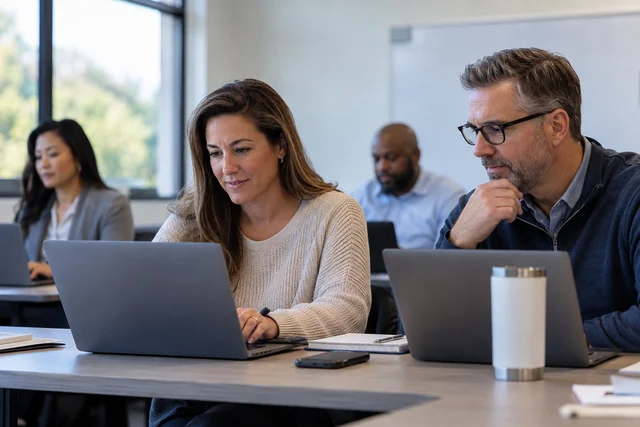 Adult healthcare administrators in a classroom practicing digital worklists and patient communication templates on laptops.