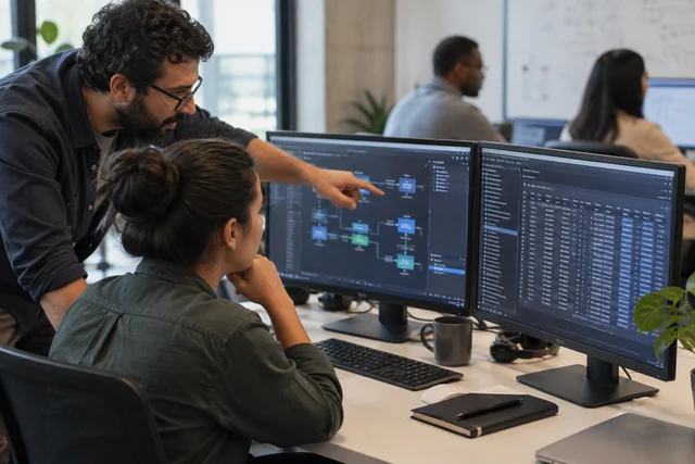 An adult data engineering learner at a workstation with a pipeline diagram and database tables on dual screens.
