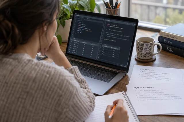 Close over-the-shoulder photograph of an analyst learning SQL and Python with a laptop showing abstract code and a small result table.