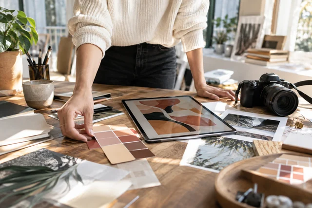 Creative tools and color samples support a new visual concept.
