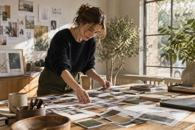 A brand strategist arranging magazine clippings.
