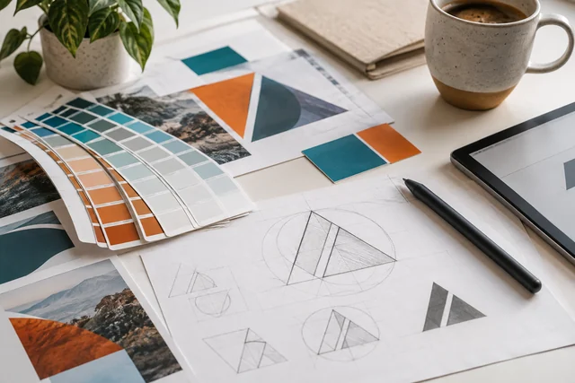 Macro editorial photo of carefully arranged printed color swatches.