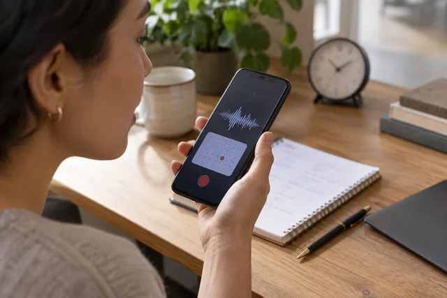 A person records a voice reminder beside a notebook and calendar.