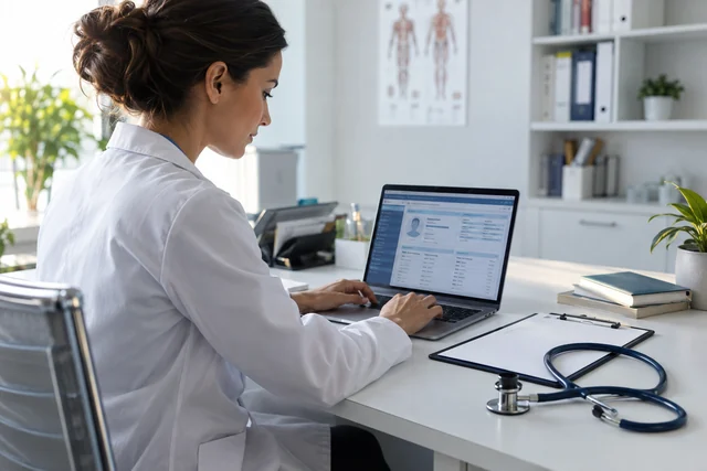 A clinician reviews a generic digital record at a clinic workstation.