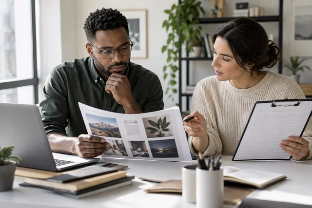 Two recruiters comparing a work-sample portfolio with a blank assessment rubric at a bright desk.