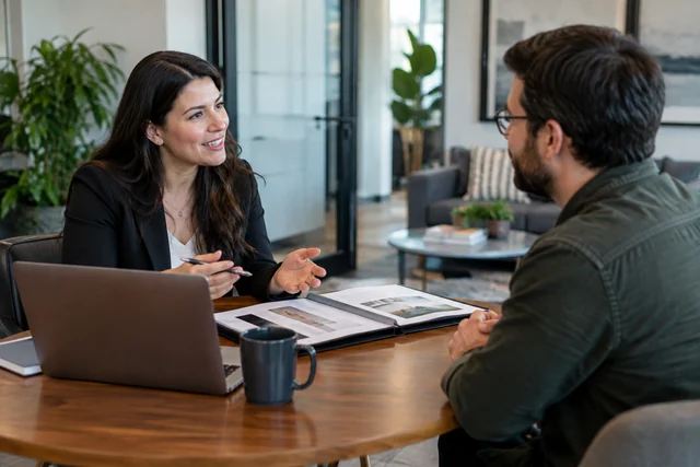 A technical recruiter in a modern office meeting an experienced engineering candidate across a small table.