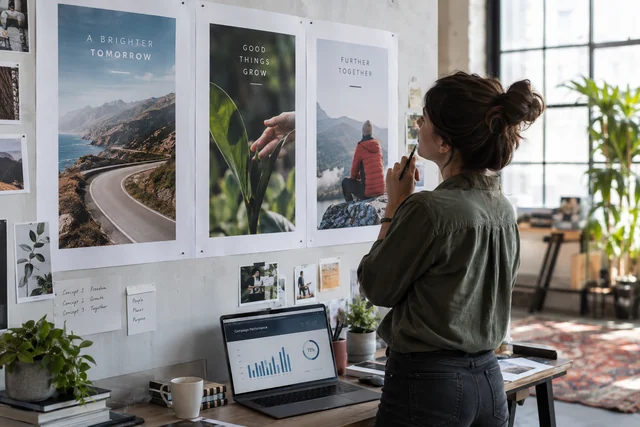 A campaign designer comparing three printed advertising concepts on a studio wall with a small analytics screen nearby.