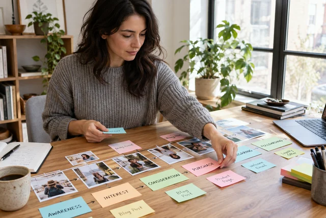 A marketing planner arranging a customer journey of photo cards and colored note strips across a desk.