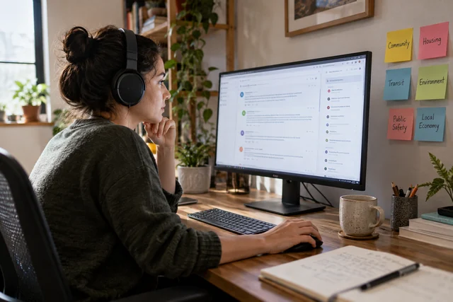 A social researcher wearing headphones reviewing abstract public comment threads on a desktop monitor.