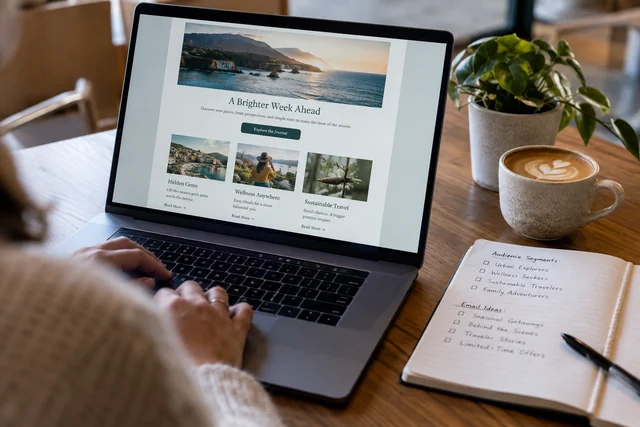 Close-up of a marketing laptop showing a neatly designed email newsletter with an image and sections.