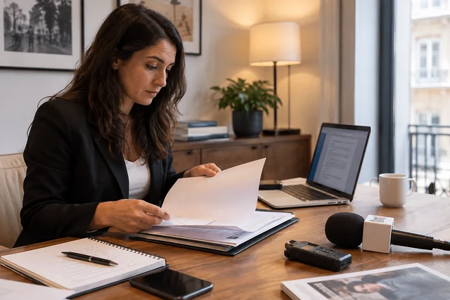 A communications professional preparing a press folder with a microphone and small recorder on the desk.