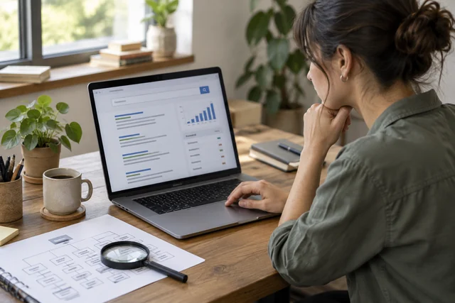 An SEO specialist reviewing an abstract search results layout and keyword trend chart on a laptop.