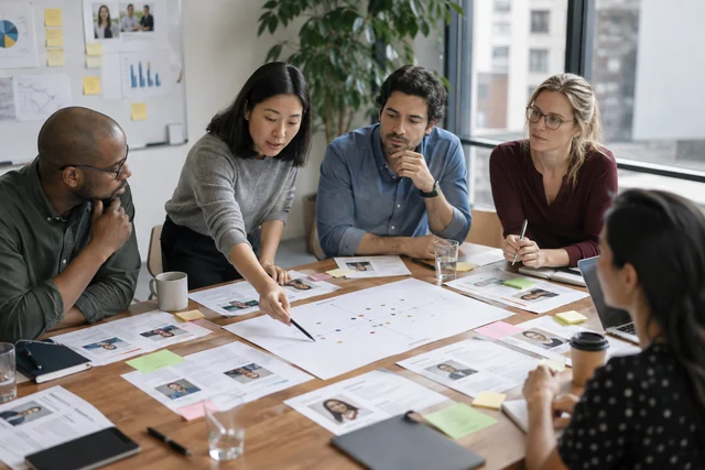 A market research workshop with audience persona sheets and a competitor map arranged across a table.