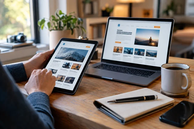 A digital publication is reviewed across a tablet and laptop.