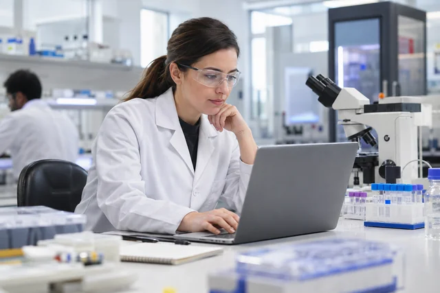 A life-sciences researcher reviews documents at a laboratory workstation.