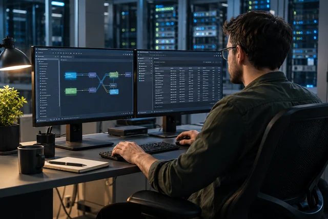 A data engineer works with connected pipelines and structured records.