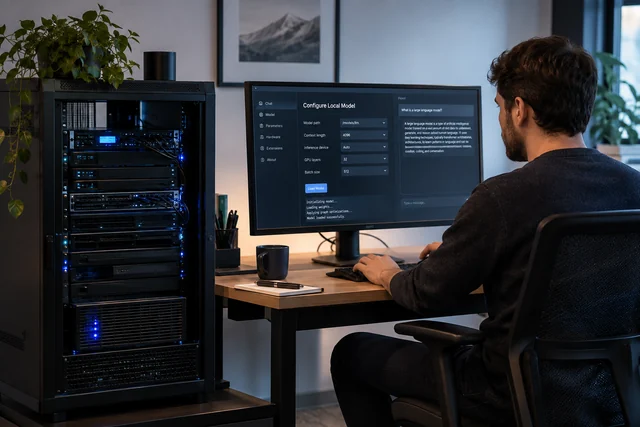 A local AI model is configured beside an office server rack.