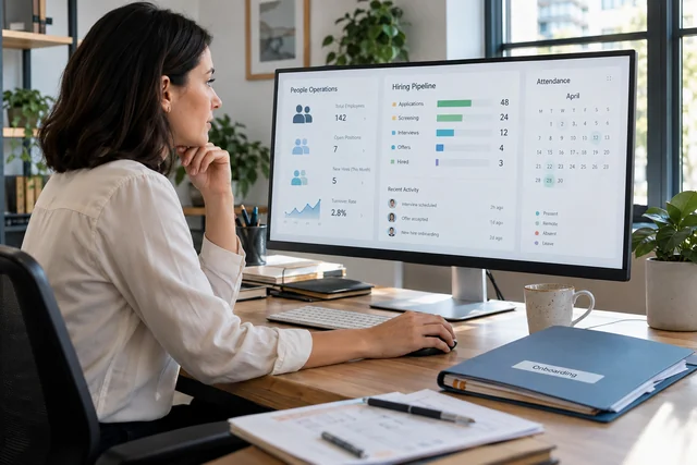 Concept photograph of an HR team workspace with a widescreen personnel operations dashboard.