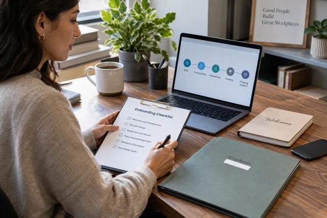 Concept photograph of an HR coordinator reviewing an onboarding checklist beside a laptop showing linked process steps.