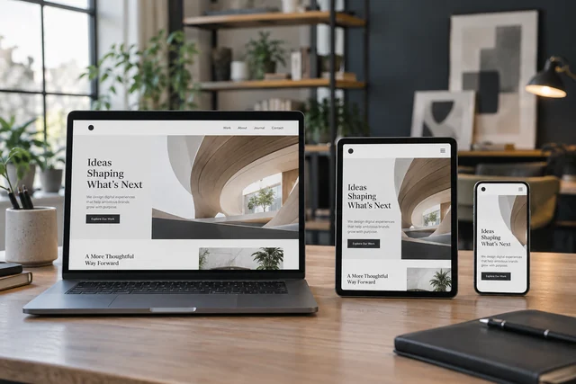 Concept photograph of responsive business website layouts on a laptop.
