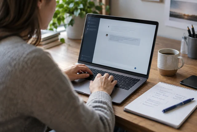 A professional refines an AI prompt with a written outline beside the laptop.