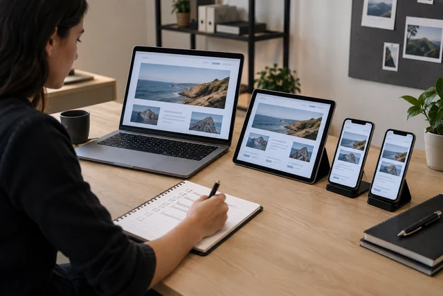 A website is checked across desktop, tablet and phone screens.