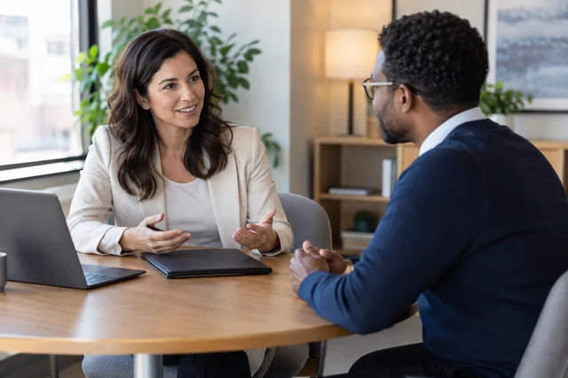 A recruiter and candidate discuss a role in a professional interview.