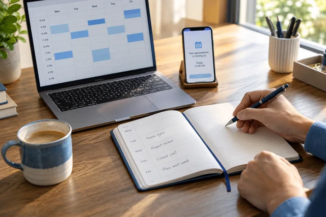 An appointment calendar connects a laptop, phone and planning notebook.