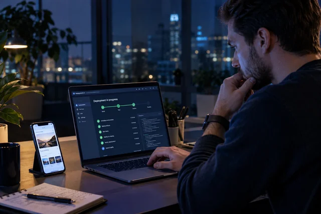 A release engineer carefully checking a deployment progress dashboard on a laptop next to an actual smartphone app preview.