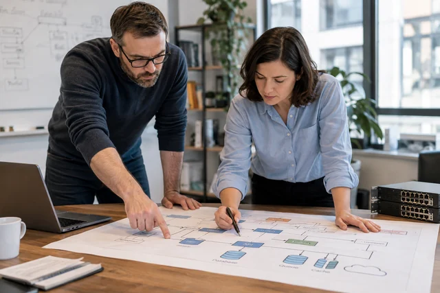 Two software architects reviewing a large printed system diagram of databases.