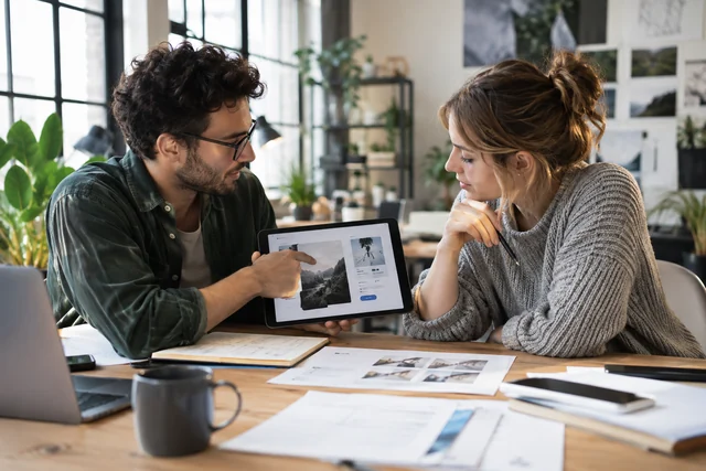 A product designer and developer comparing a new application feature prototype with a page of user feedback.